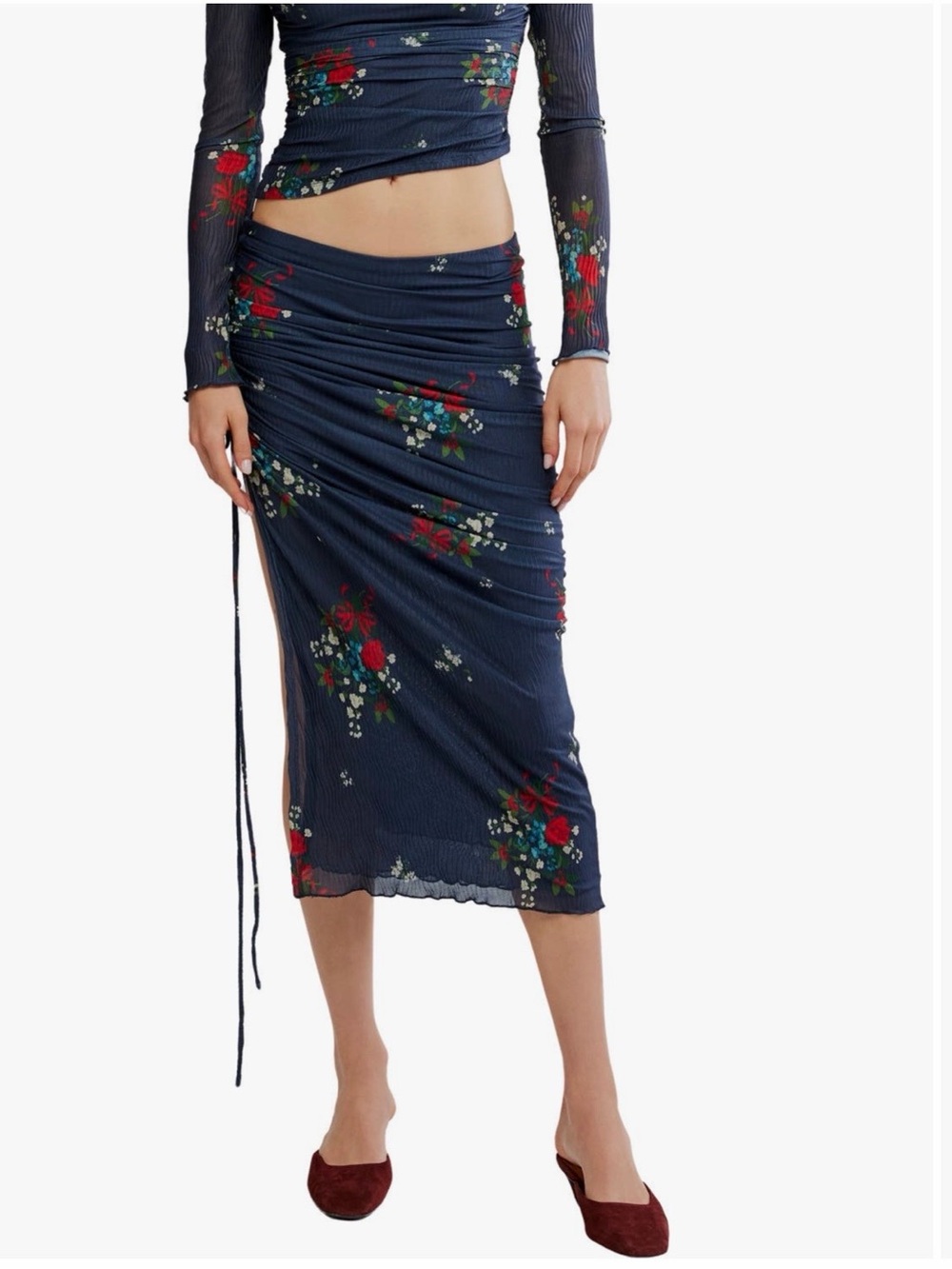 Free People Crimson Lights Floral Mesh Crop Top and Skirt NWT